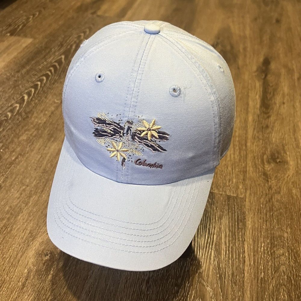 Columbia Hat Adjustable Strap Women Blue‎ Embroidered Flower Beach Lighthouse
